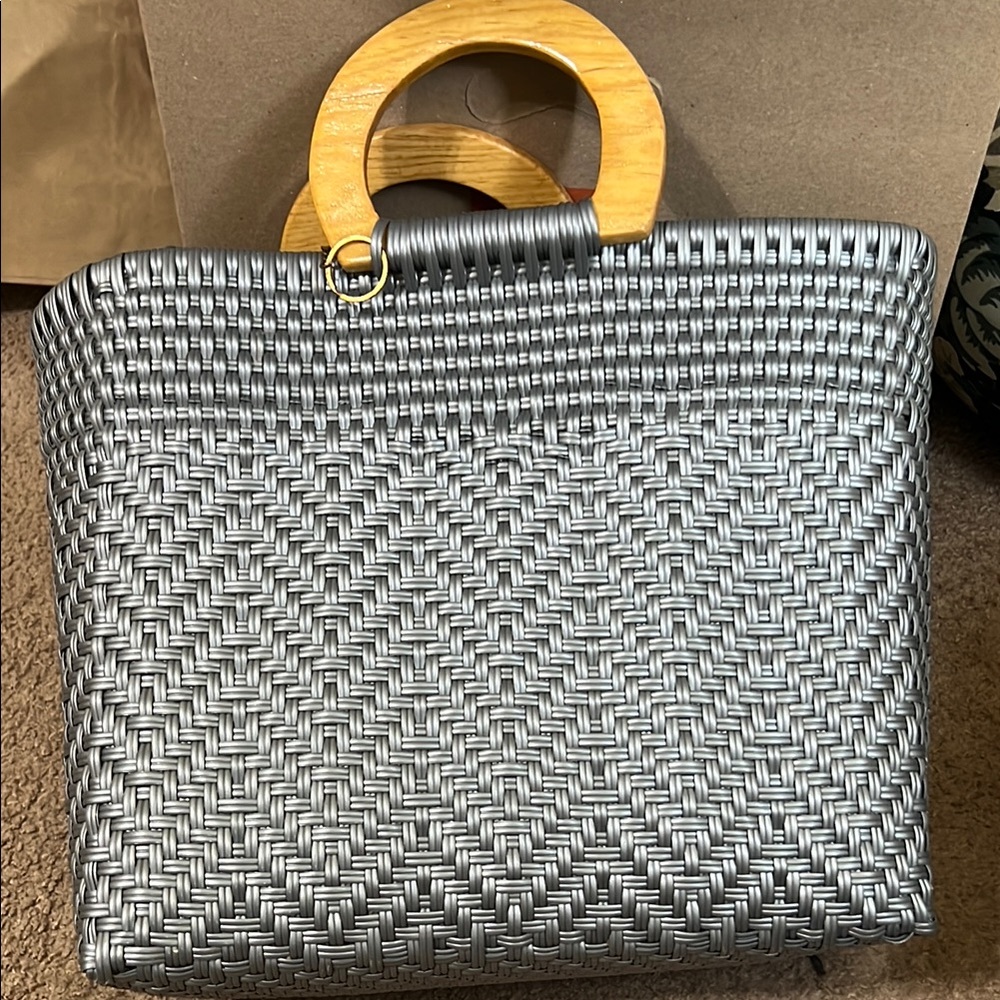 Silver Woven Handbag with Wooden Handles